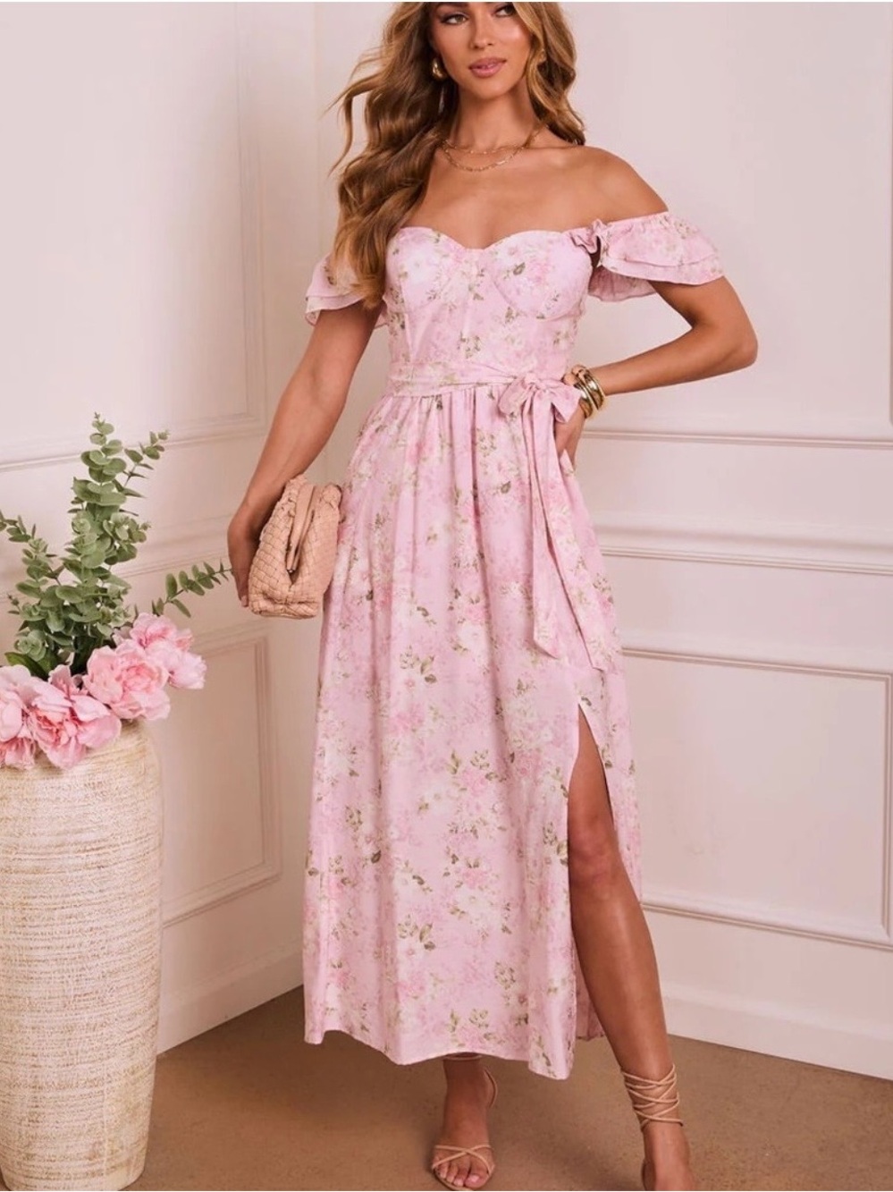 Pink Floral One-Shoulder Maxi Dress with Waist Tie